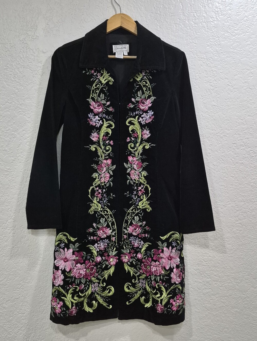 Vintage 90s Velvet  Live A Little  Black Embroidered Floral Dress Coat S